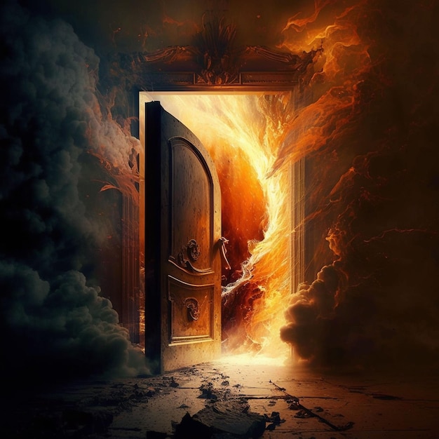 A painting of a door that is open to the sky with flames coming out of it.