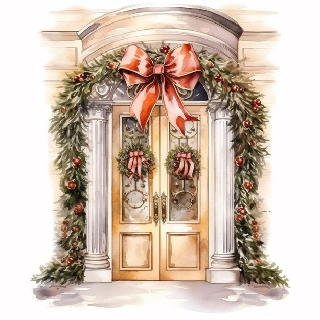 Painting of a door with a bow and wreath on it generative ai