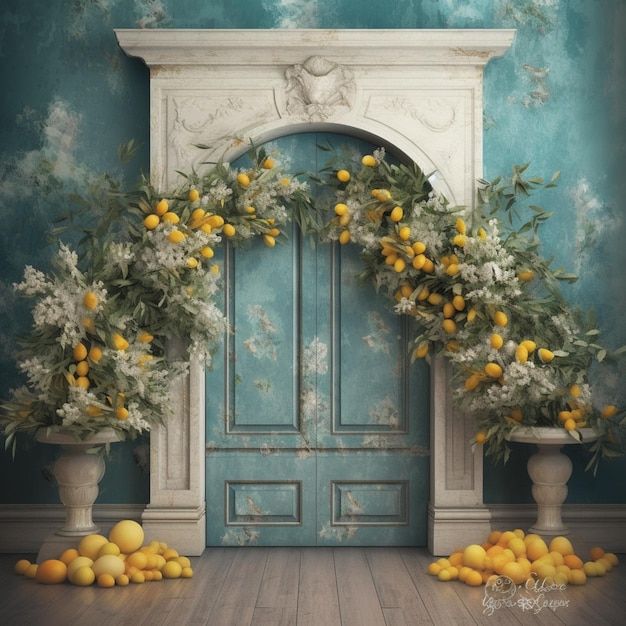 A painting of a door with a bunch of lemons on it