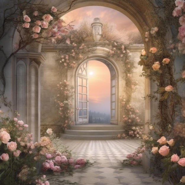 A painting of a door with roses on it.