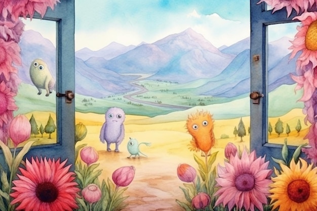 Painting of a door with a view of a field and mountains generative ai