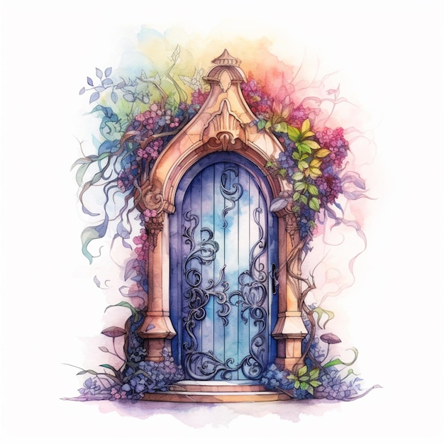 A painting of a door with vines around it