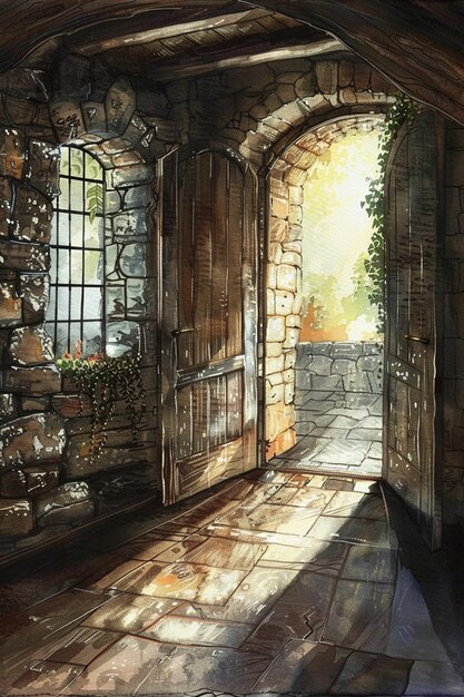 Photo painting of a doorway leading to a stone building with a stone wall generative ai