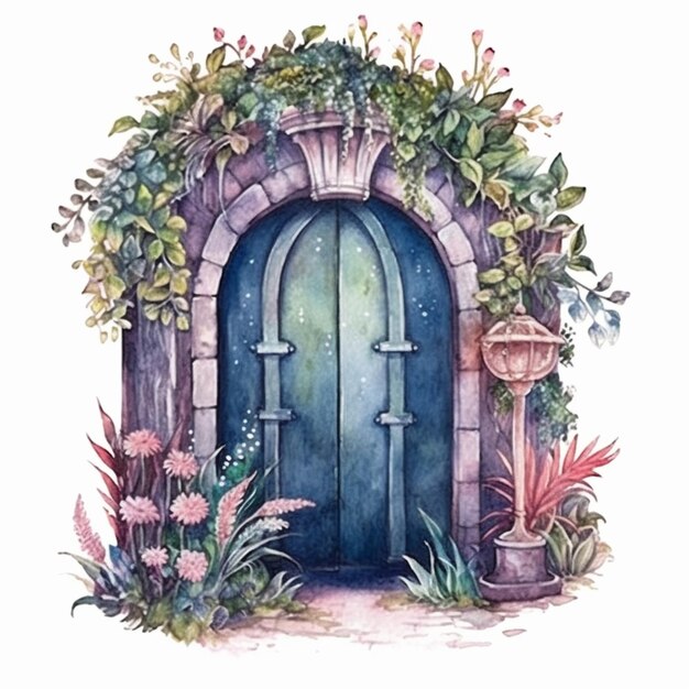 A painting of a doorway with a planter and potted plants generative ai