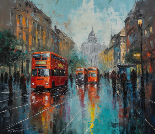 A painting of a double decker bus on a rainy day.