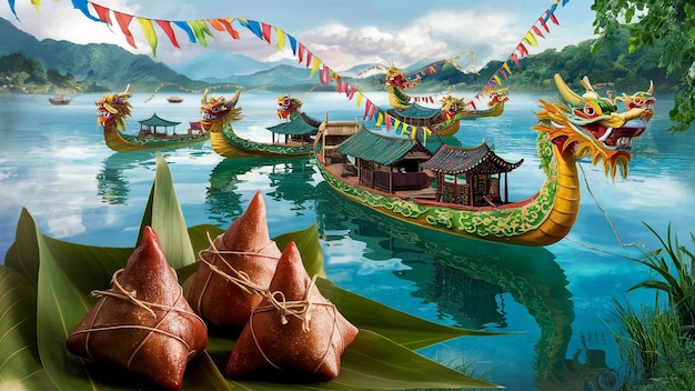 a painting of a dragon boat with a banner that says  happy birthday