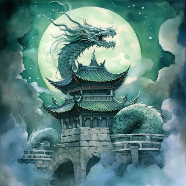 Painting of a dragon on a building with a full moon in the background generative ai