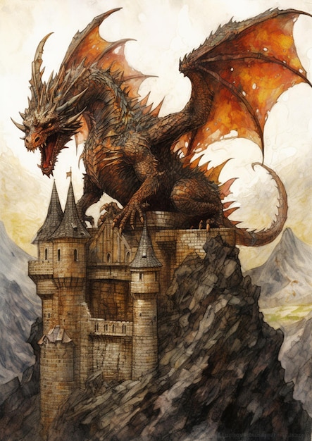 painting of a dragon on a castle with a mountain in the background generative ai