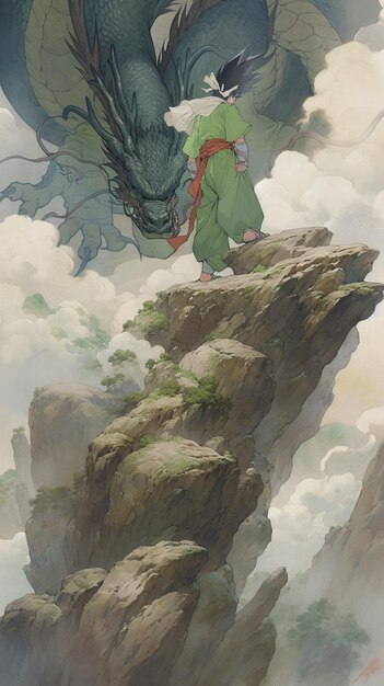 Photo a painting of a dragon on a cliff with a man in a green outfit and a green outfit with a red and white scarf.