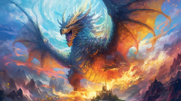 a painting of a dragon flying over a castle in the sky generative ai