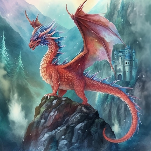 Painting of a dragon on a mountain with a castle in the background generative ai