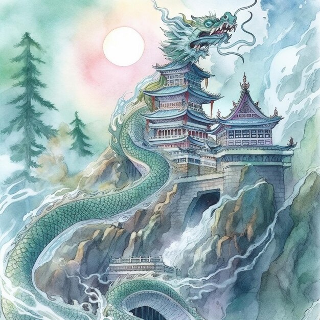 Painting of a dragon on a mountain with a castle in the background generative ai