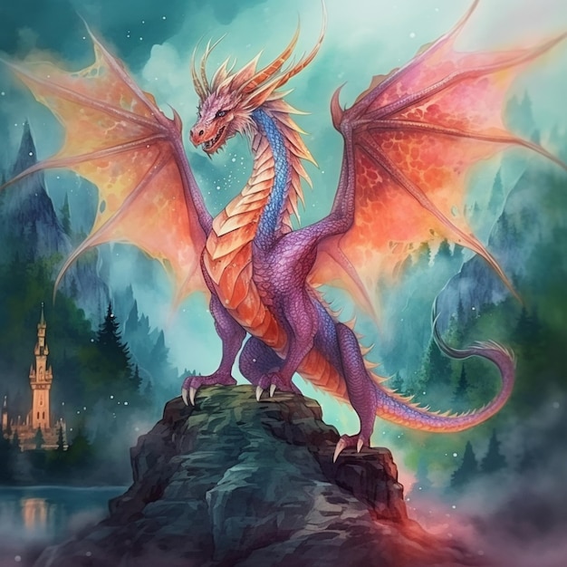 Painting of a dragon on a rock with a castle in the background generative ai