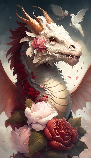 Painting of a dragon surrounded by flowers generative ai