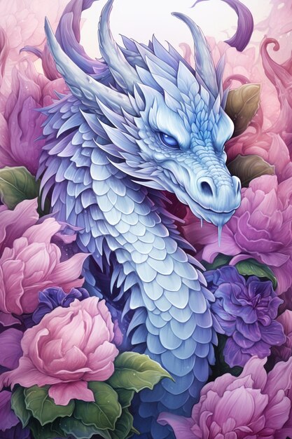 Photo painting of a dragon surrounded by flowers and leaves generative ai