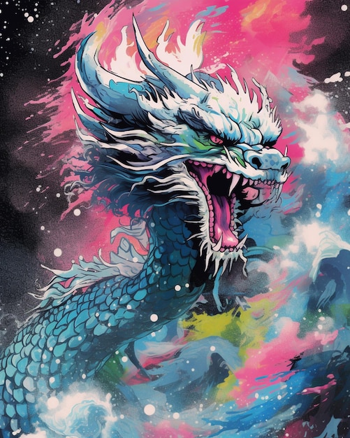 painting of a dragon with a colorful body and a pink face generative ai