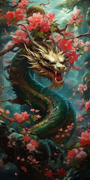 Painting of a dragon with a flower in its mouth generative ai