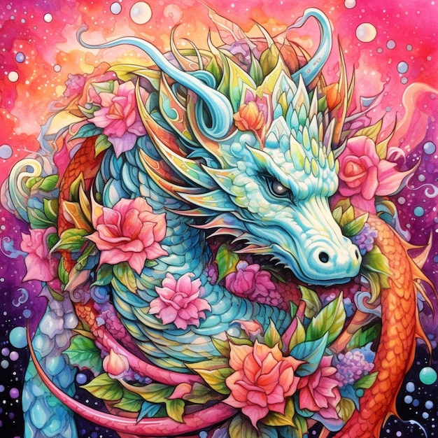 A painting of a dragon with flowers and leaves on it