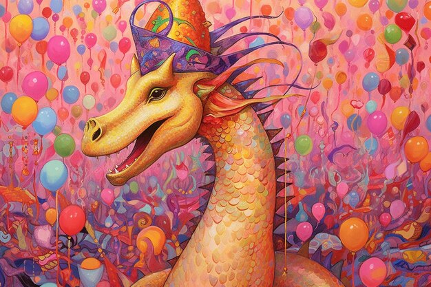 Painting of a dragon with a party hat surrounded by balloons generative ai