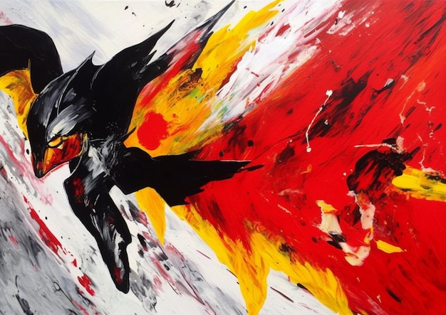 A painting of a dragon with red and black wings and yellow wings.