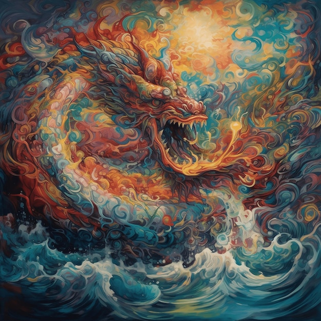 A painting of a dragon with a wave and the word dragon on it.