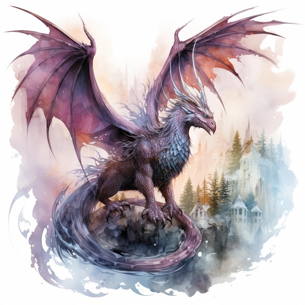 painting of a dragon with wings and a body of water generative ai