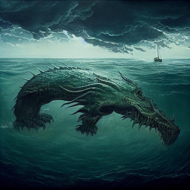 A painting of a dragon with the word sea on it