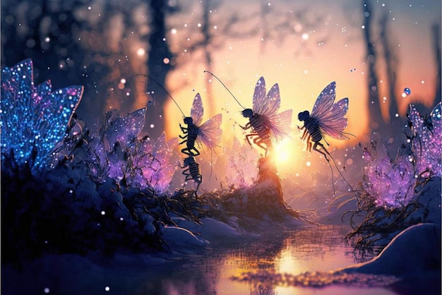 A painting of dragonflies flying in a forest with a sunset in the background.