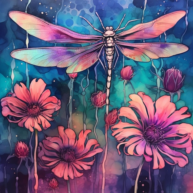 painting of a dragonfly sitting on top of a flower field generative ai