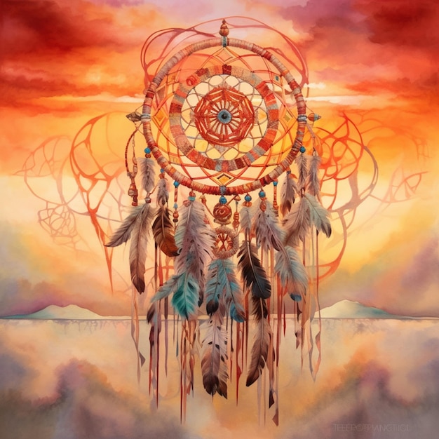 Painting of a dream catcher with a sunset in the background generative ai