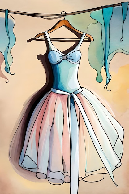 A painting of a dress with a blue ribbon on it