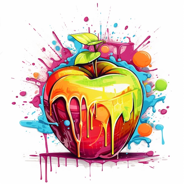 painting of a dripping apple with a splattered leaf generative ai