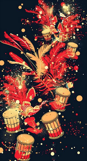 a painting of a drum set with a red feather and gold feather