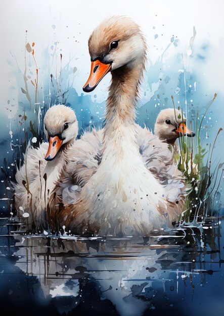 Photo a painting of a duck and two ducks in a pond