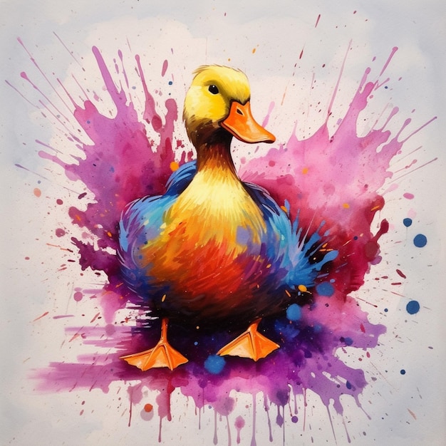 Painting of a duck with colorful paint splatters on its body generative ai