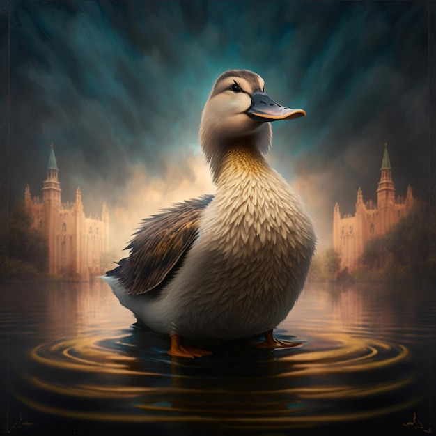 A painting of a duck with a painting of a building in the background.