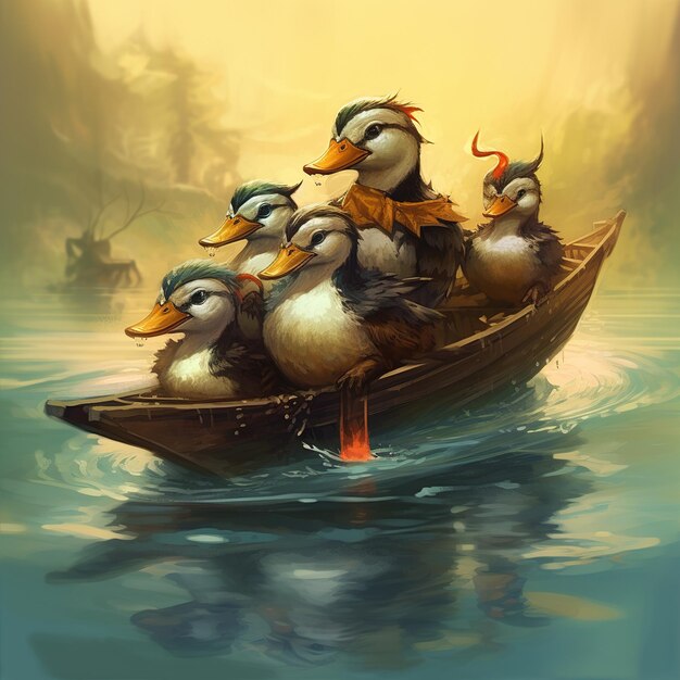 A painting of ducks in a boat with a yellow background