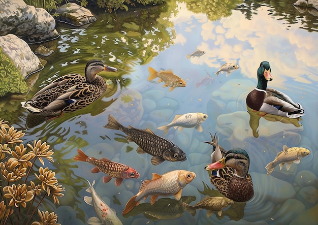 a painting of ducks and fish in a pond with a pond in the background