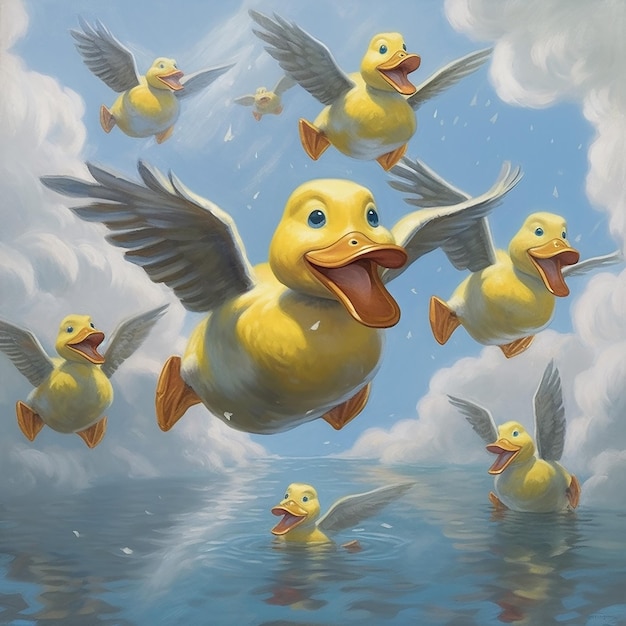 A painting of ducks flying in the sky with the word duck on it.