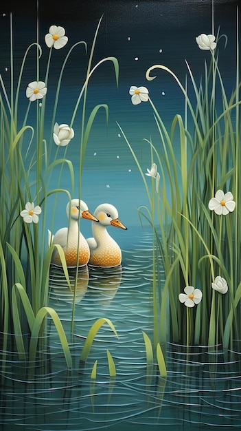 a painting of ducks swimming in a pond with flowers in the background