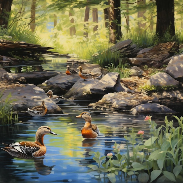 A painting of ducks swimming in a pond