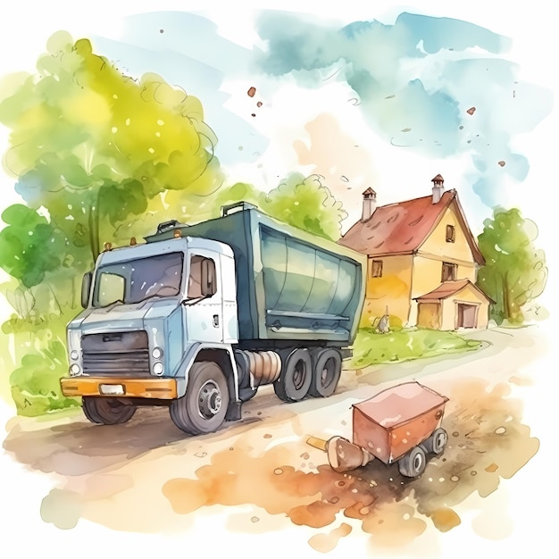 A painting of a dump truck with a red roof and a house in the background
