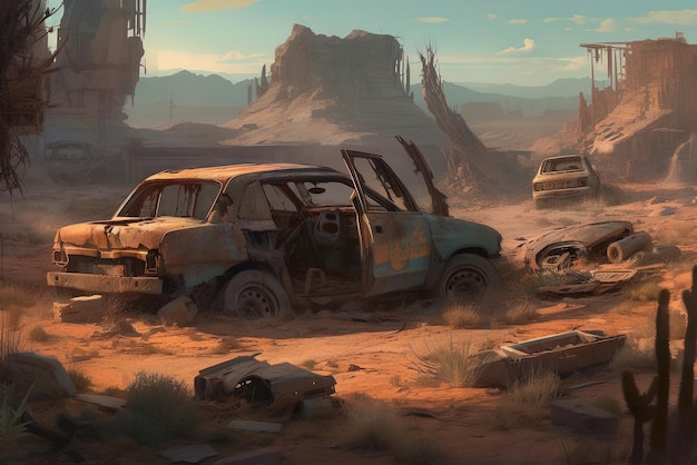 A painting of a dusty, dusty, dusty, and abandoned car.