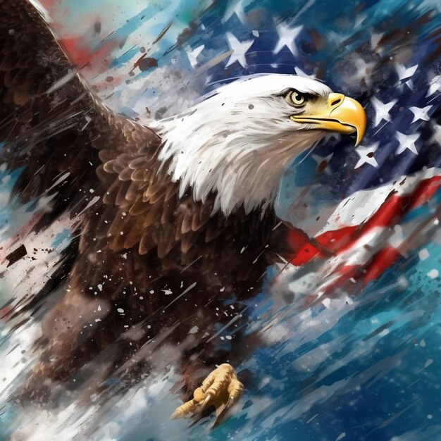 Photo painting of an eagle flying in front of an american flag generative ai