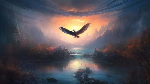 A painting of an eagle flying over a river with the sun setting behind it.