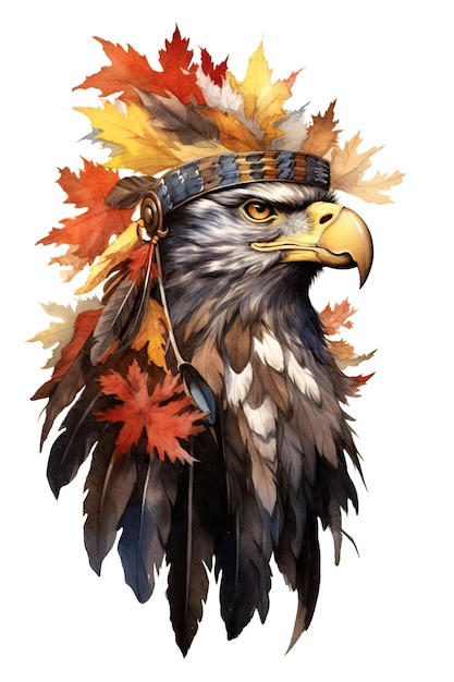 Картина с изображением орла в головном уборе из перьев, генеративное изображение ai