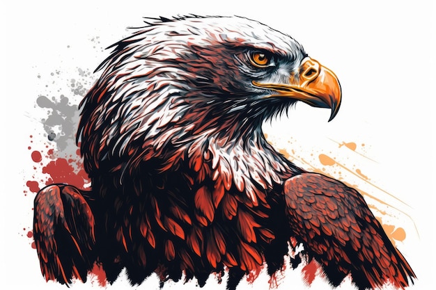 A painting of an eagle with a red and black background.