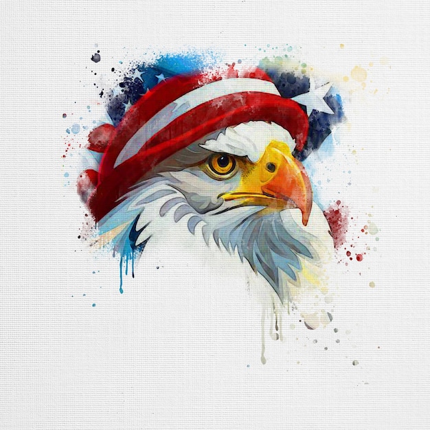 A painting of an eagle with a red, white and blue hat.