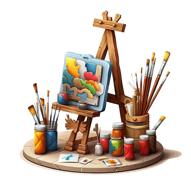 Photo a painting easel with a palette of paint and brushes.