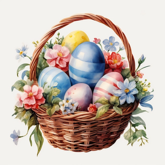 a painting of easter eggs in a basket with flowers and a basket with flowers.